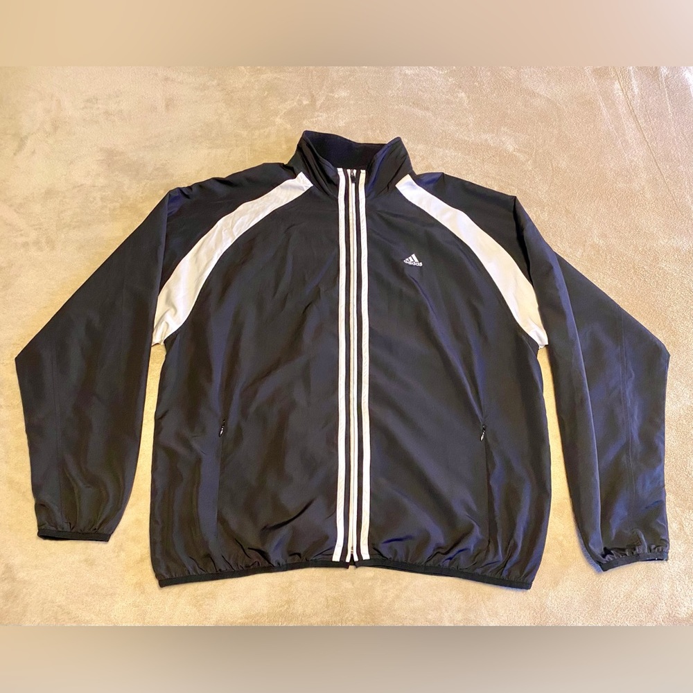 Adidas Climaproof black and white three stripes windbreaker track jacket large